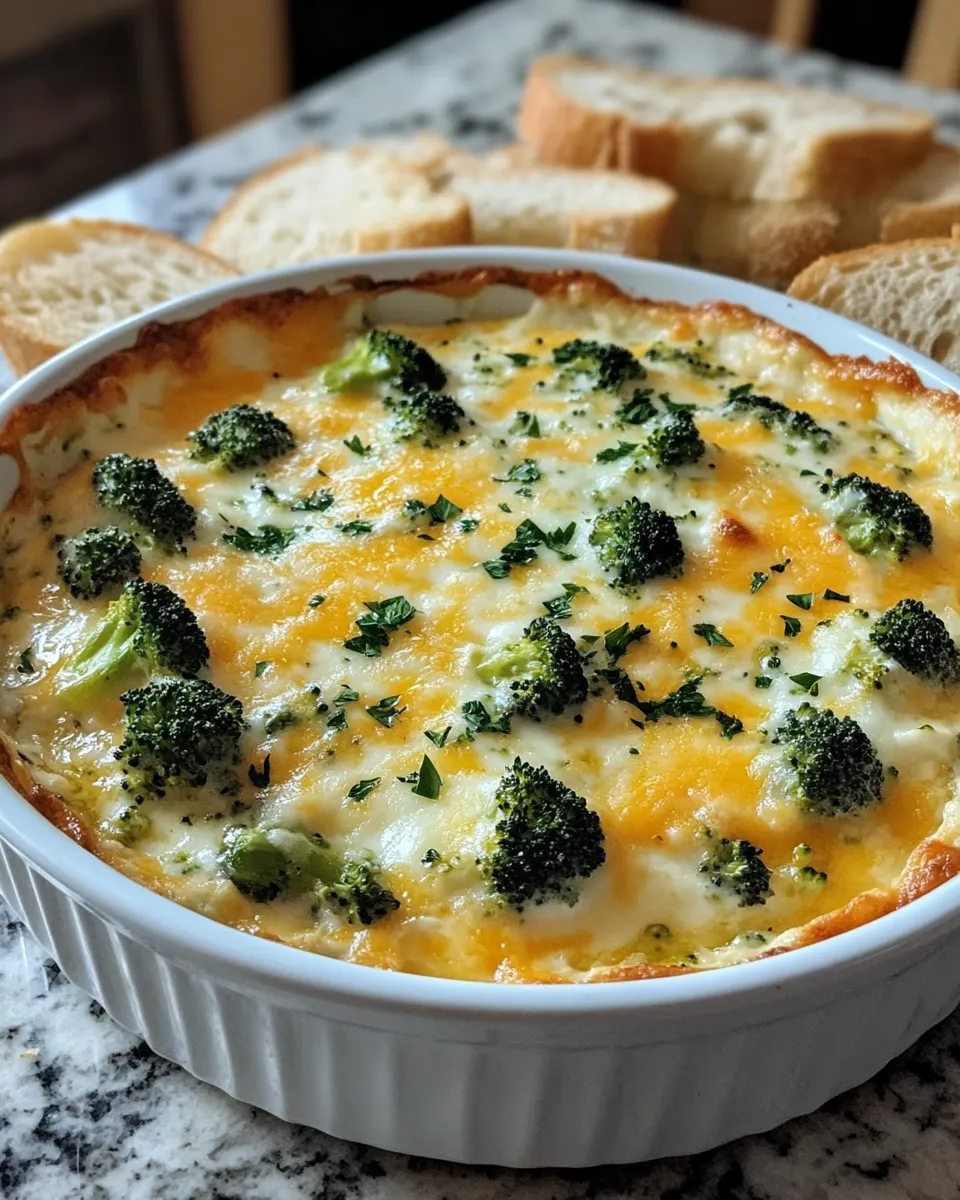 Cheesy Warm Broccoli Dip with Toasted Bread for Parties