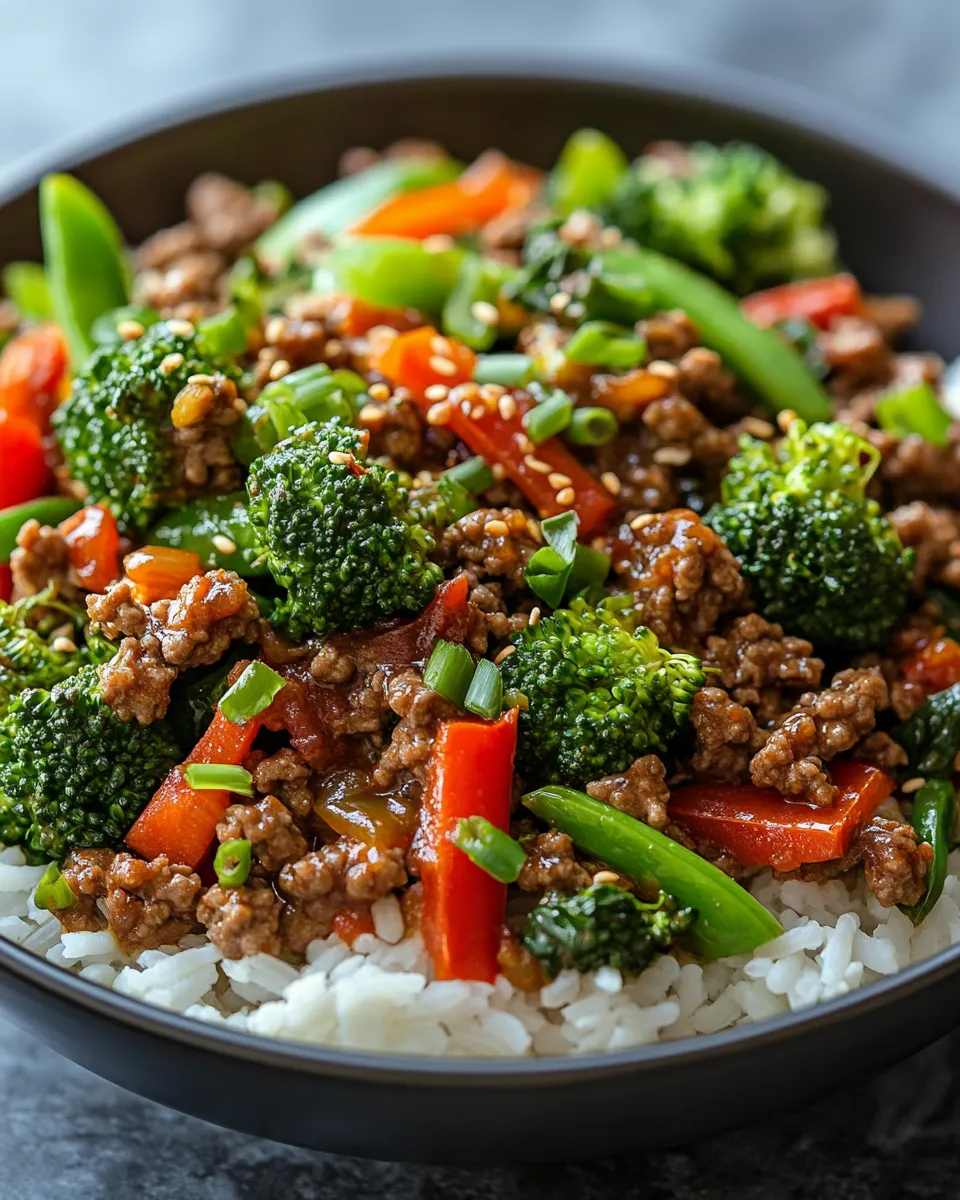 Spicy Ground Beef Stir-Fry Bowl with Garlic Veggies & Rice