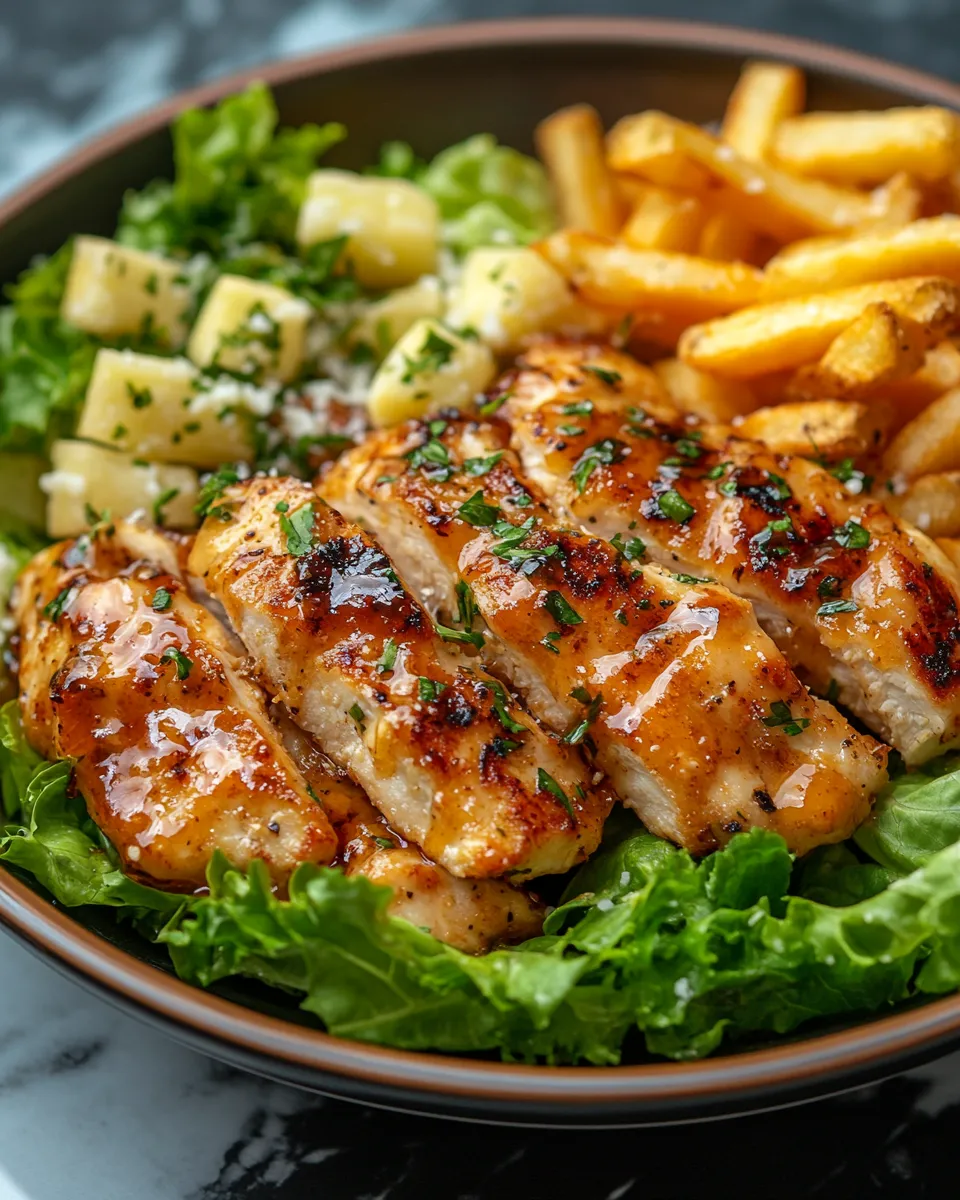 Mouthwatering Hot Honey Crispy Chicken Caesar Salad & Fries