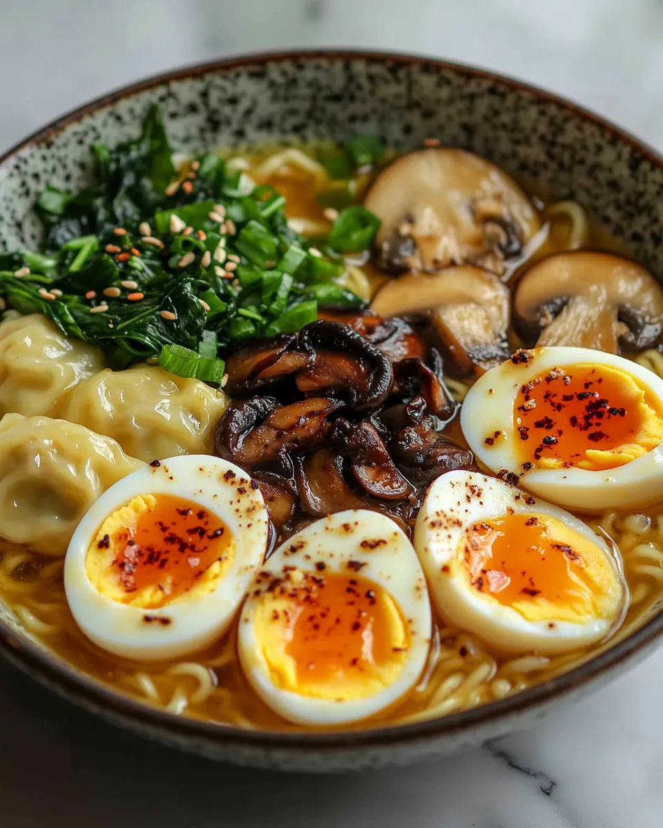 Irresistible Dumpling Ramen Bowl with Soft-Boiled Eggs and Fresh Greens