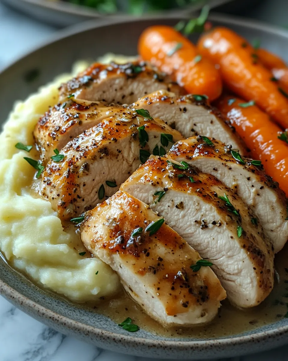 Homestyle Creamy Herb Chicken with Mashed Potatoes and Glazed Carrots