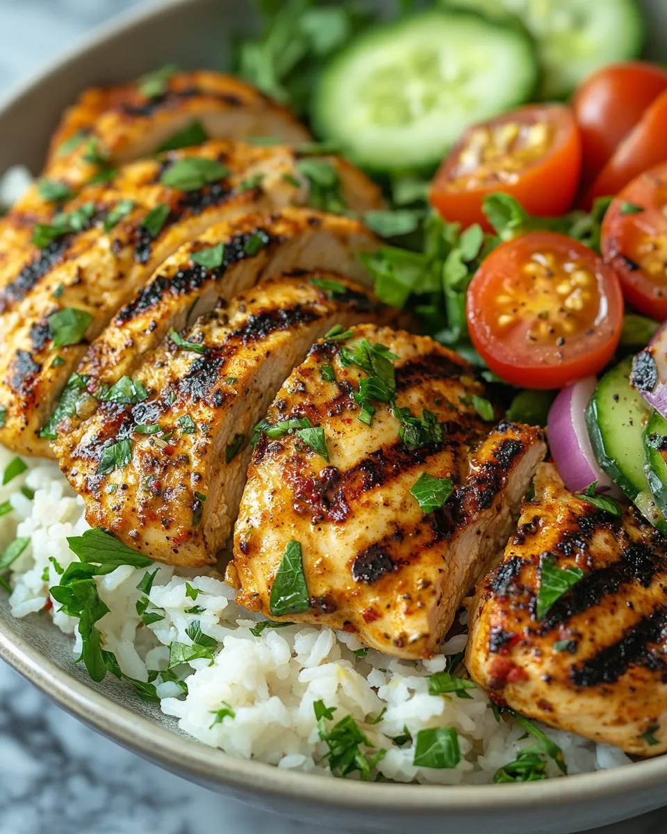 Irresistible Lemon Chili Grilled Chicken Bowls with Fresh Cucumber Salad & Hummus