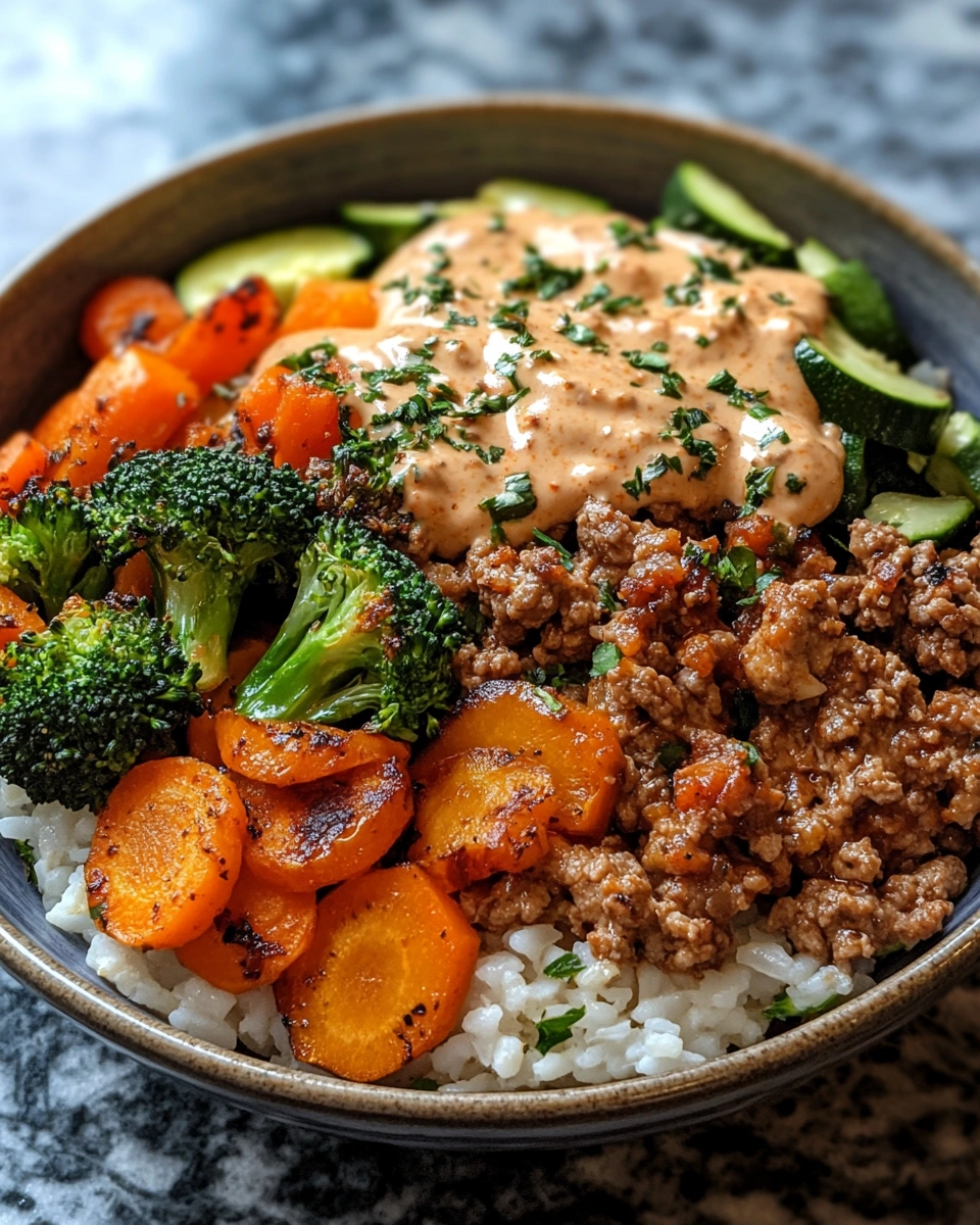 Ground Turkey Bowl with Roasted Vegetables and Sauce