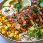 Easy Street Corn Chicken Rice Bowl (Greek Yogurt Crema) – The Best Street Corn Chicken Rice Bowl You’ll Ever Try