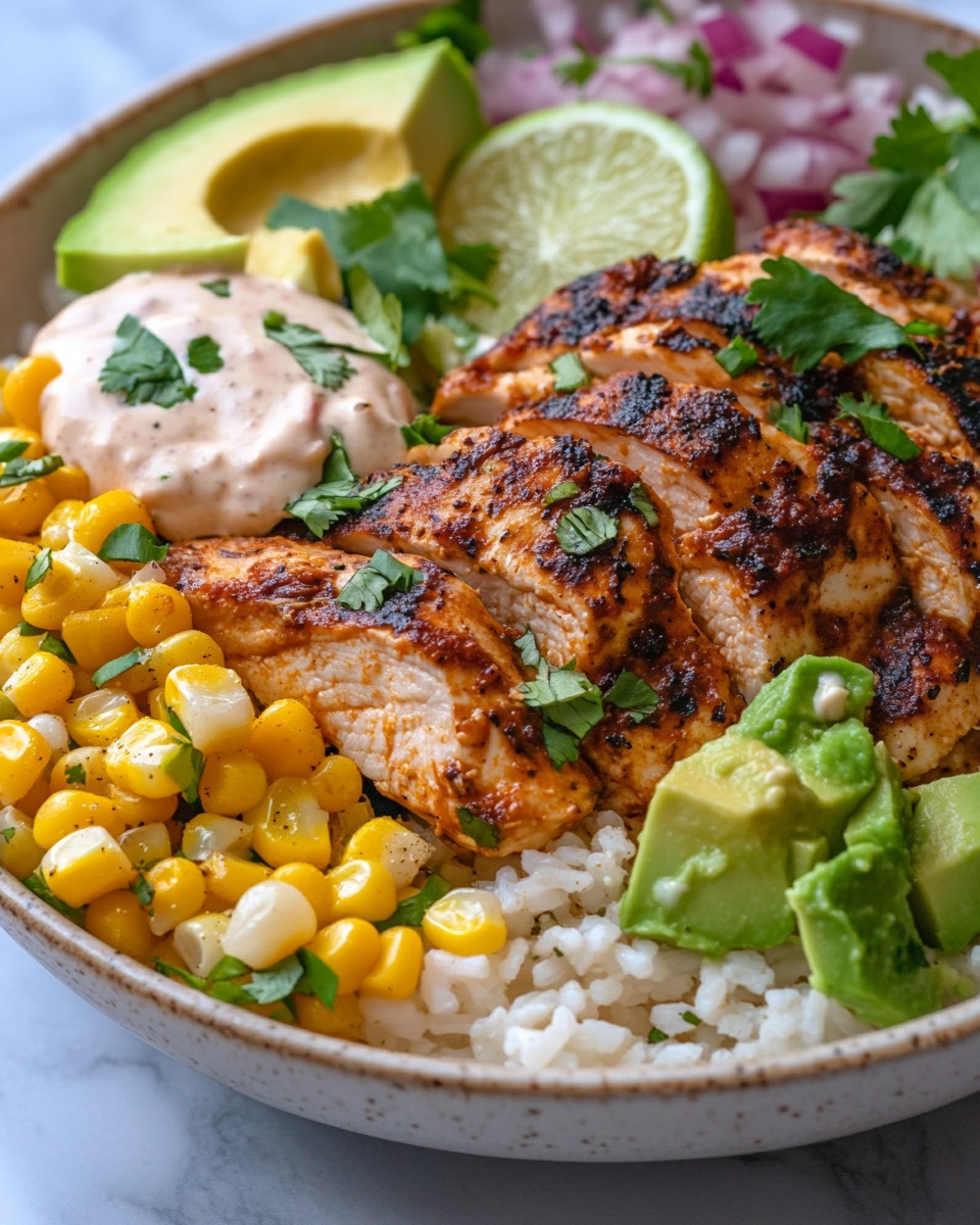 Easy Street Corn Chicken Rice Bowl (Greek Yogurt Crema) – The Best Street Corn Chicken Rice Bowl You’ll Ever Try